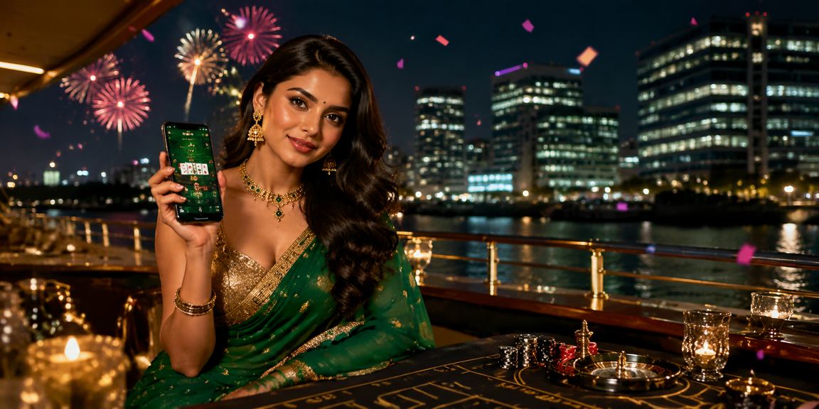 Indian lady playing Andar Bahar live card game on mobile in elegant saree