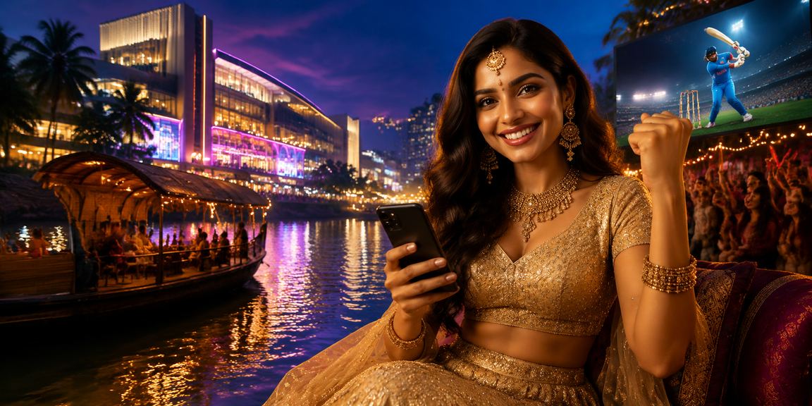 Woman enjoying lottery games on mobile with Kerala backwaters view