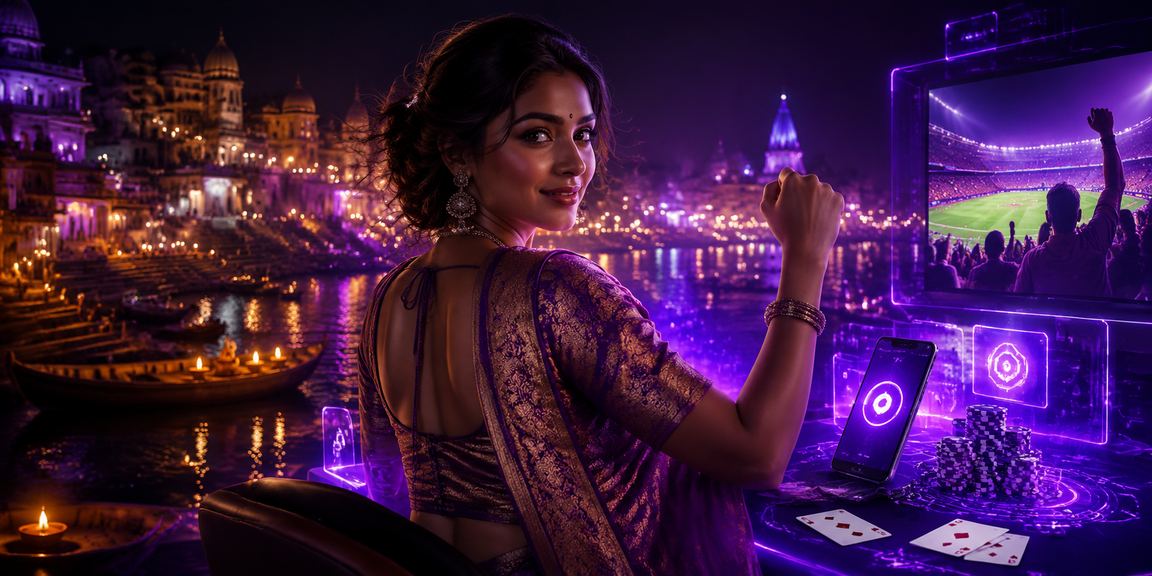 Players engaged in a poker game in a vibrant neon-lit Varanasi setting